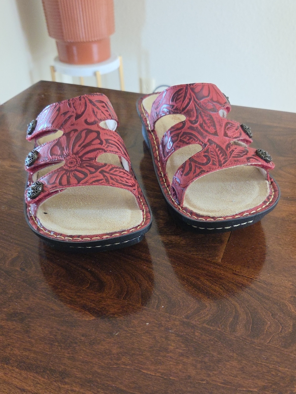 Alegria Red Floral Leather Slide Sandals